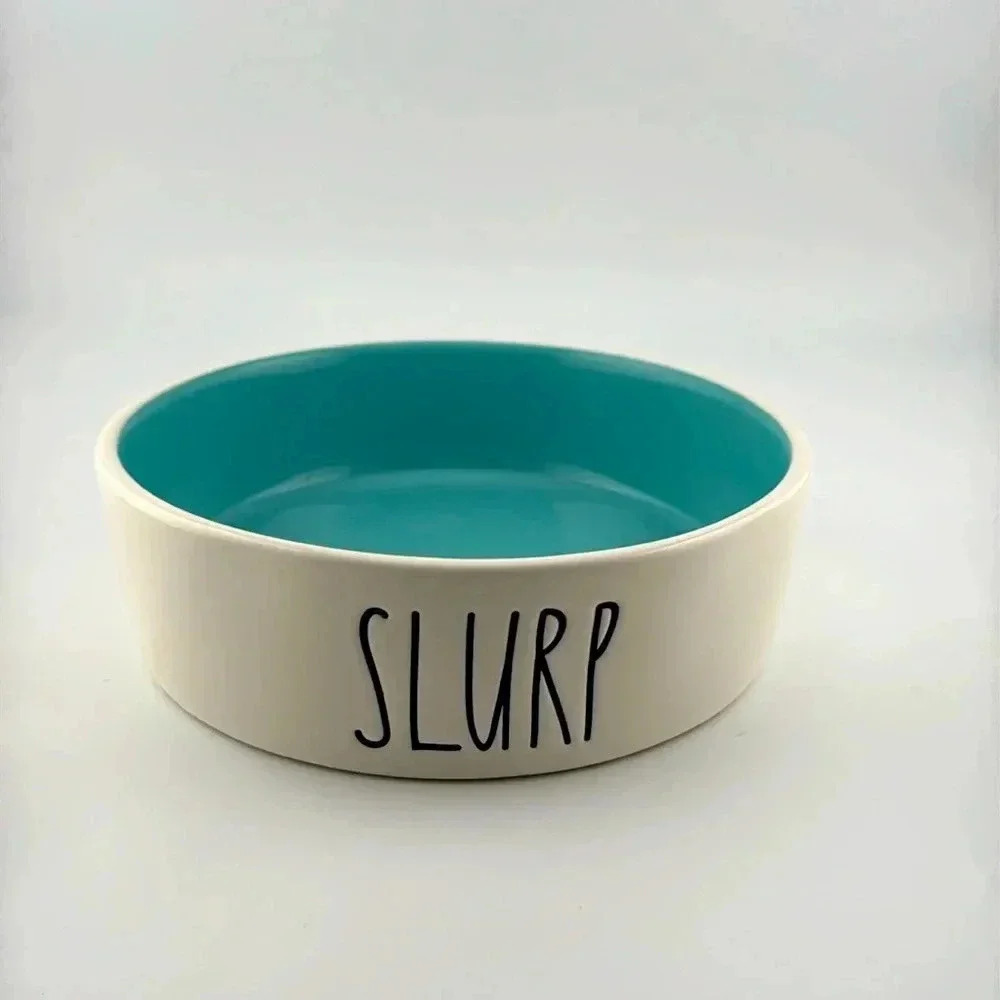 RAE DUNN pet/cat food bowl/water bowl blue ceramic dish “SLURP”